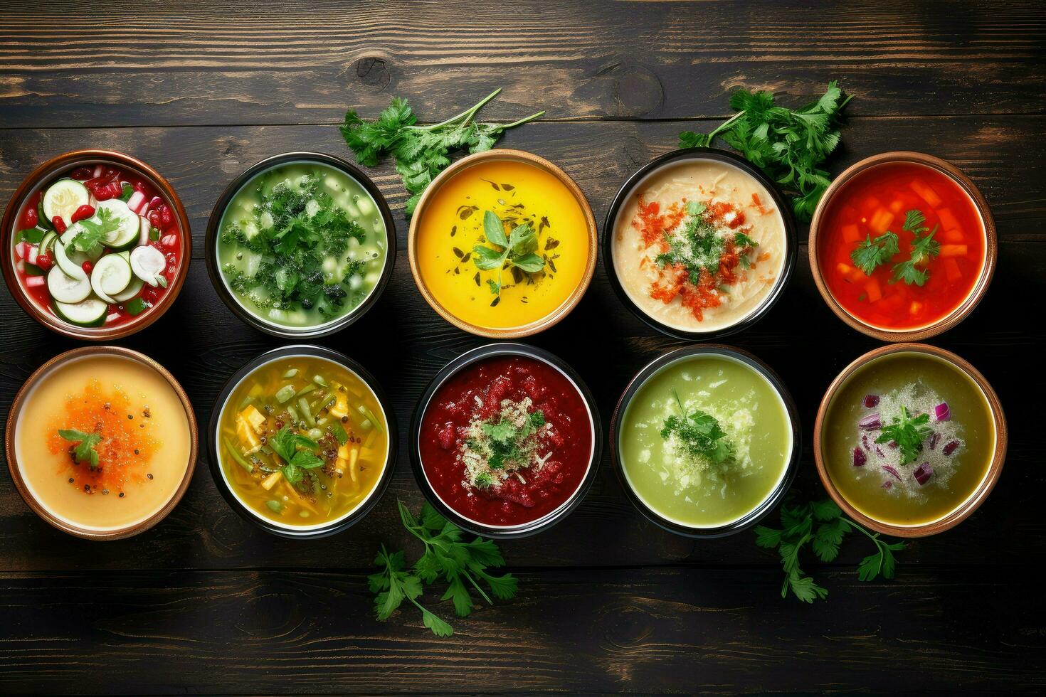ai generated bowls of different soups on wooden backgrounds assortment of colored vegetable cream soups dietary food soup with cream and parsley ai generated free photo